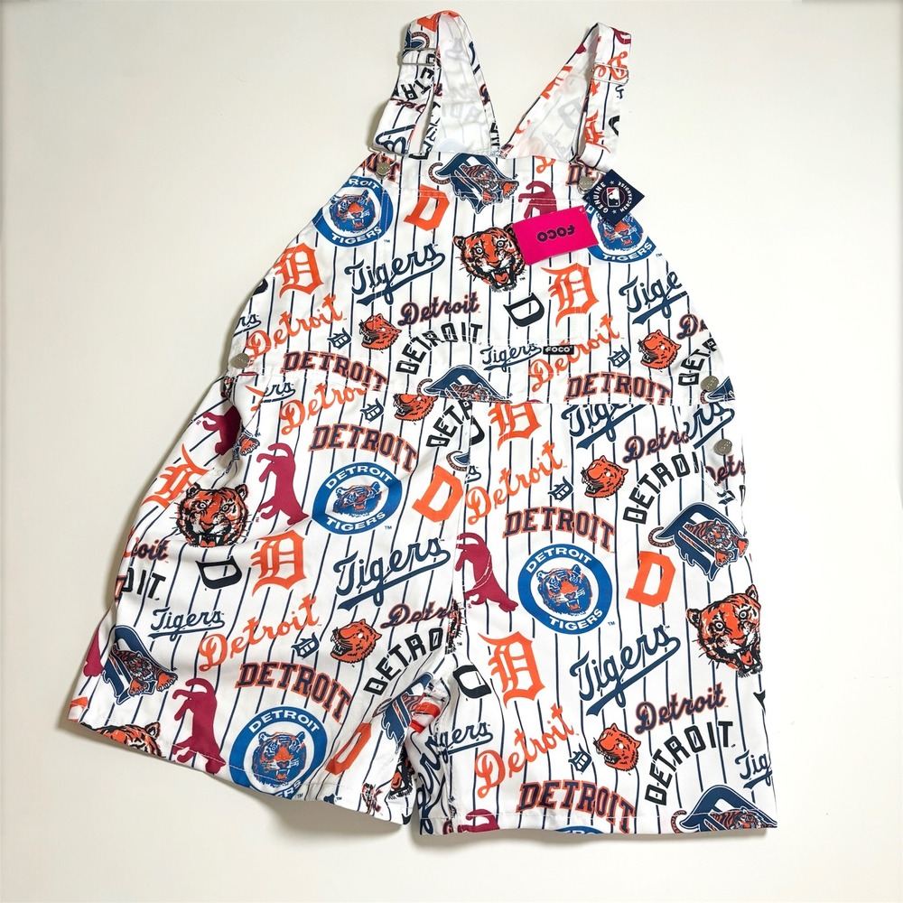 Detroit Tigers MLB FOCO Overalls Women XL Pinstripe Logo Print Shortalls Bib NWT